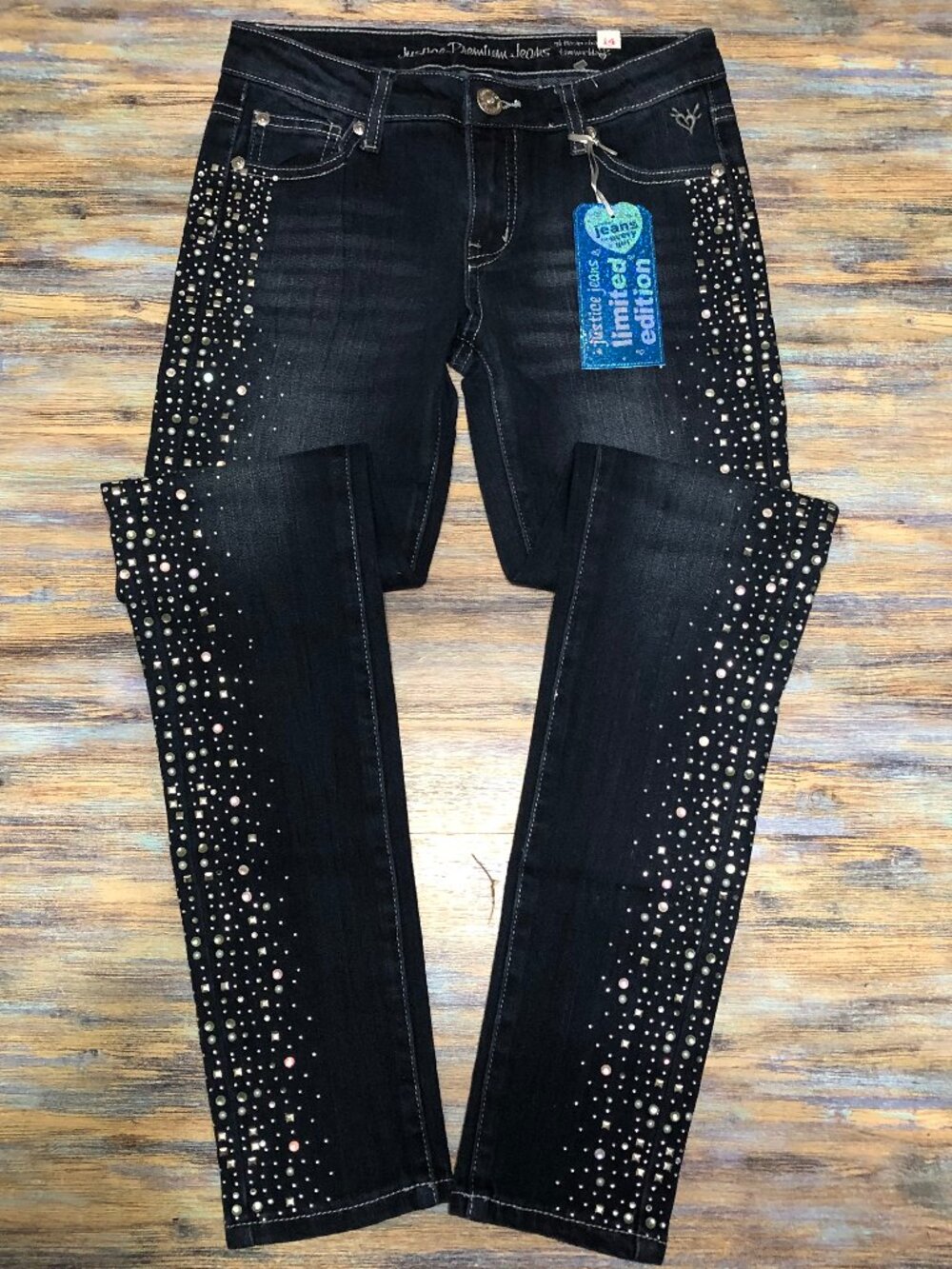 Justice Premium Jeans Girls Size 14S Slim Faux Rhinestones Embellished